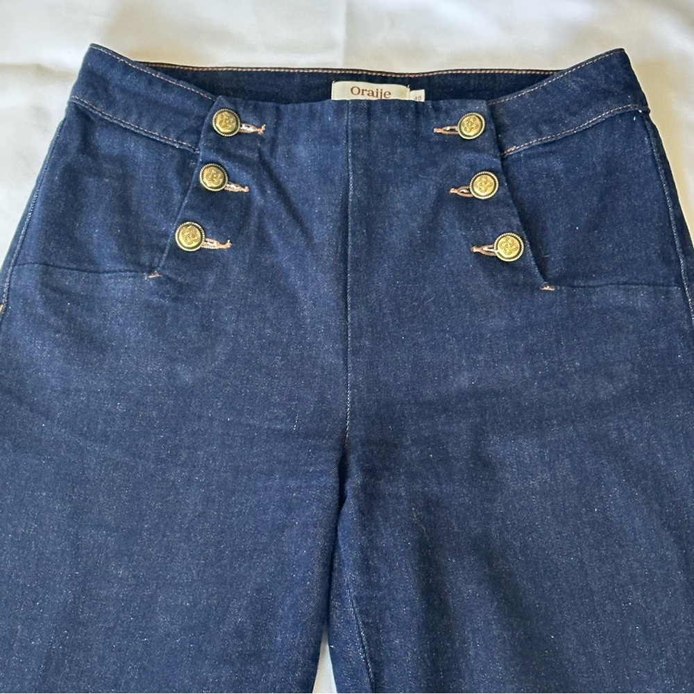 Denim SailorJeans Blue Flare Wide Leg with Gold Buttons Size Large 99% COTTON - Picture 5 of 16